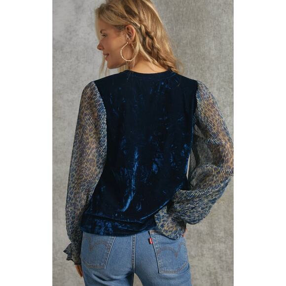 Anthropologie Sheer Velvet Long Sleeve Navy Animal Print top Medium - Picture 3 of 4